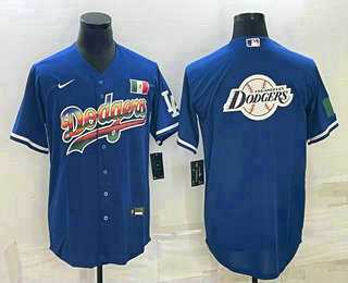 Men%27s Los Angeles Dodgers Big Logo Rainbow Blue Cool Base Nike MLB Jerseys